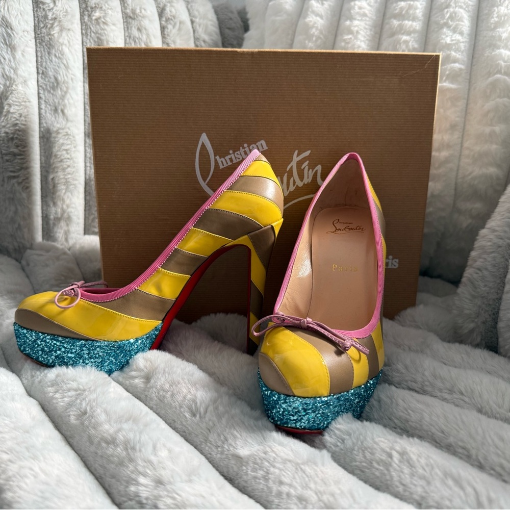 Christian Louboutin Foraine Yellow and Beige Heels with Blue Glitter Platform